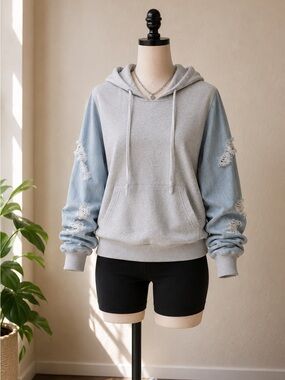Thrill 94 Distressed Denim Sleeve Hoodie | Gray Pullover | Size Small